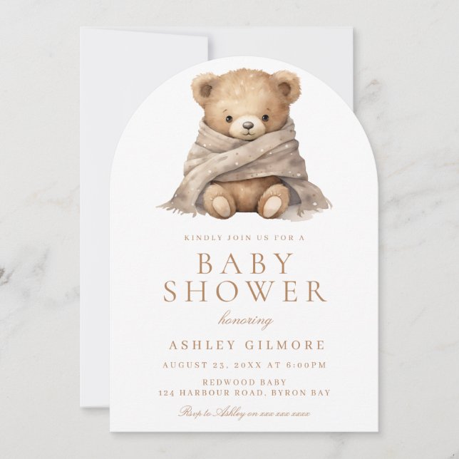 Invitación Baby Shower de osito de peluche marrón moderno (Anverso)