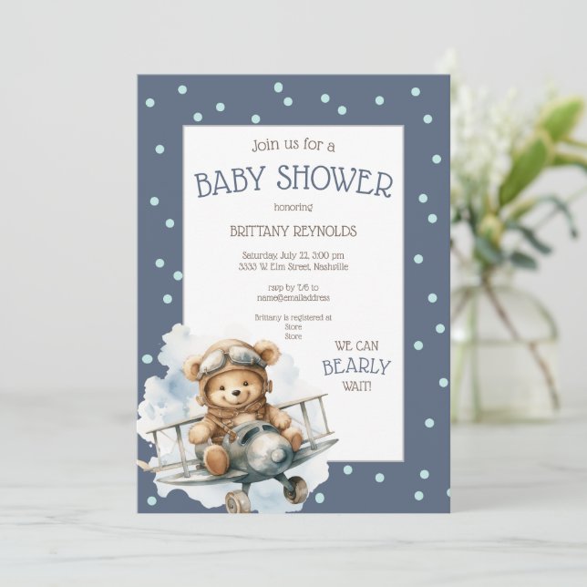 Invitación Baby Shower de Oso Azul Volador de Avión (Anverso de pie)