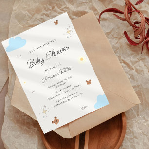 Invitación Baby Shower de oso azul y marrón lúdico