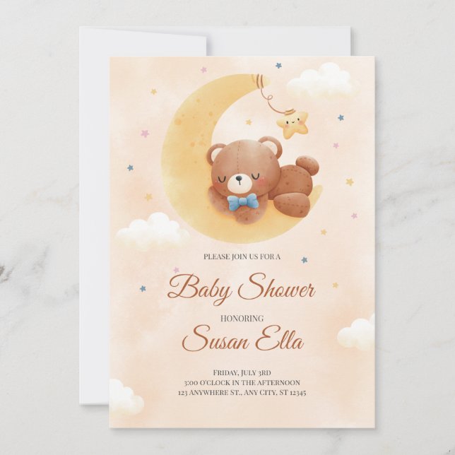 Invitación Baby Shower de oso de bebé blanco amari (Anverso)