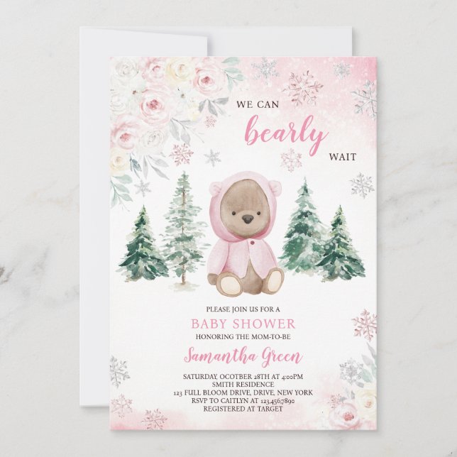 Invitación Baby Shower de oso de invierno rosado (Anverso)