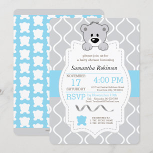 Invitación Baby Shower de oso de peluche azul claro y gris