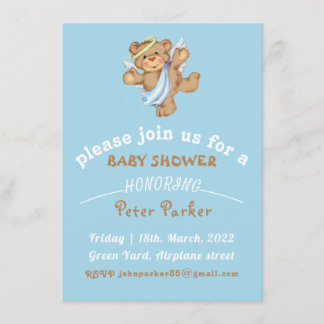 invitación Baby Shower de oso de peluche azul marr