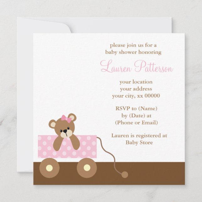 Invitación Baby Shower de oso de vagón rosa (Anverso)