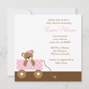 Invitación Baby Shower de oso de vagón rosa