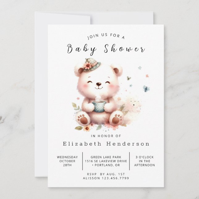 Invitación Baby Shower de oso digital bohemio (Anverso)