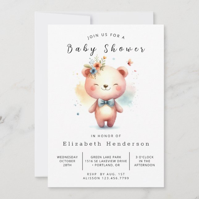 Invitación Baby Shower de oso editable único (Anverso)