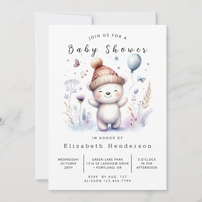 Invitación Baby Shower de oso editable único (Anverso)