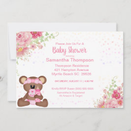 Invitación Baby Shower de oso floral rosa