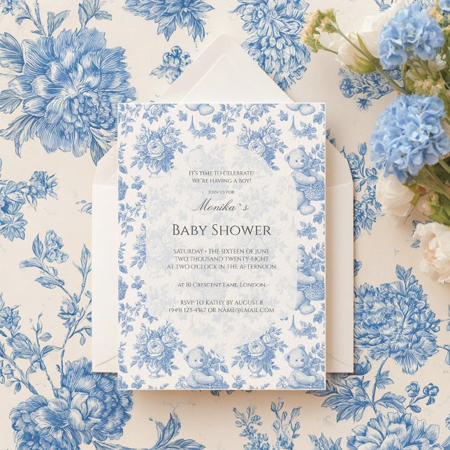 Invitación Baby Shower de oso floral toile francés (Subido por el creador)