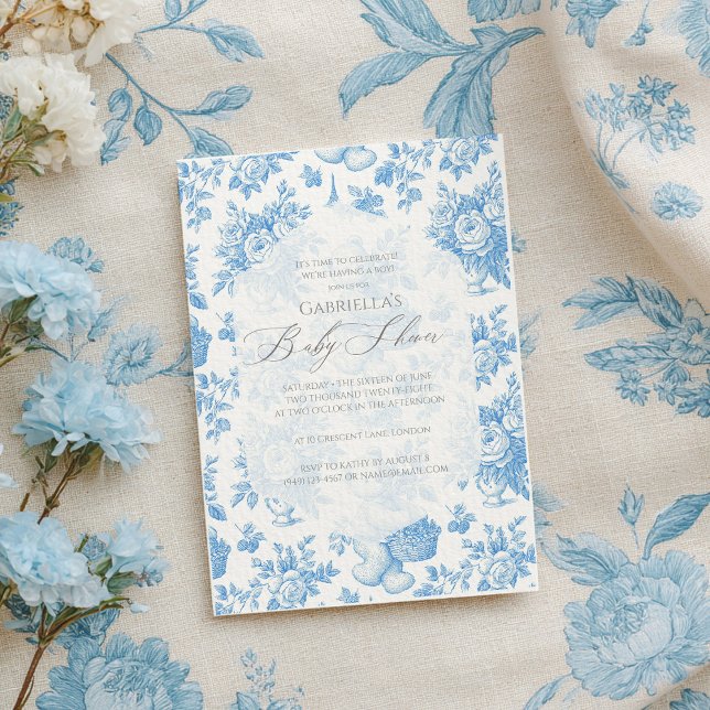 Invitación Baby Shower de oso floral toile francés (Subido por el creador)