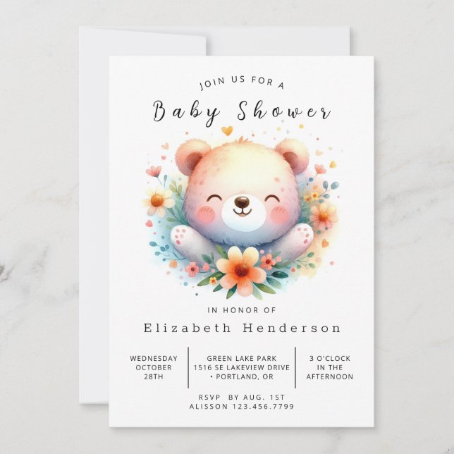 Invitación Baby Shower de oso grabable para pastas (Anverso)