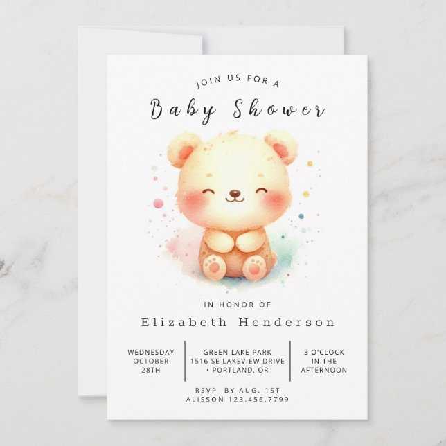 Invitación Baby Shower de oso imprimible de moda (Anverso)