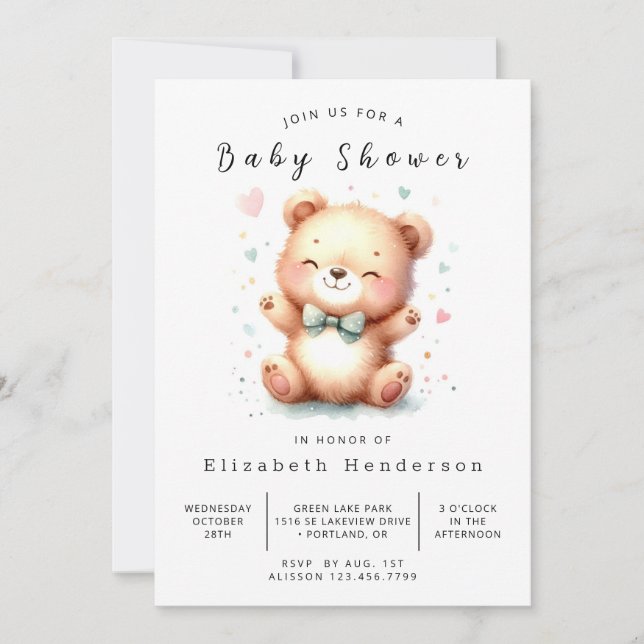 Invitación Baby Shower de oso imprimible de moda (Anverso)