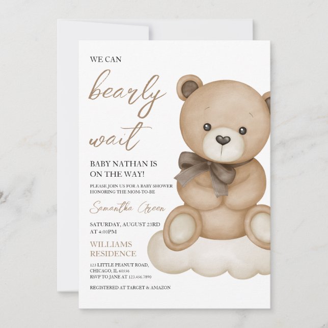 Invitación Baby Shower de oso neutro de género (Anverso)