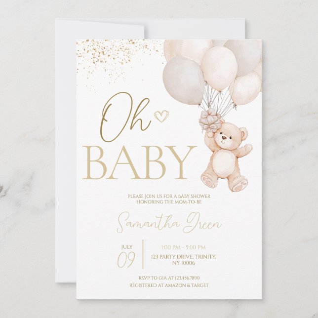 Invitación Baby Shower de oso neutro de género (Anverso)
