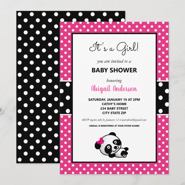 Invitación Baby Shower de oso panda negro y rosa caliente (Anverso / Reverso)