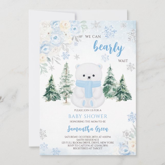 Invitación Baby Shower de oso polar azul (Anverso)