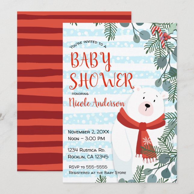 Invitación Baby Shower de oso polar de invierno de vacaciones (Anverso / Reverso)