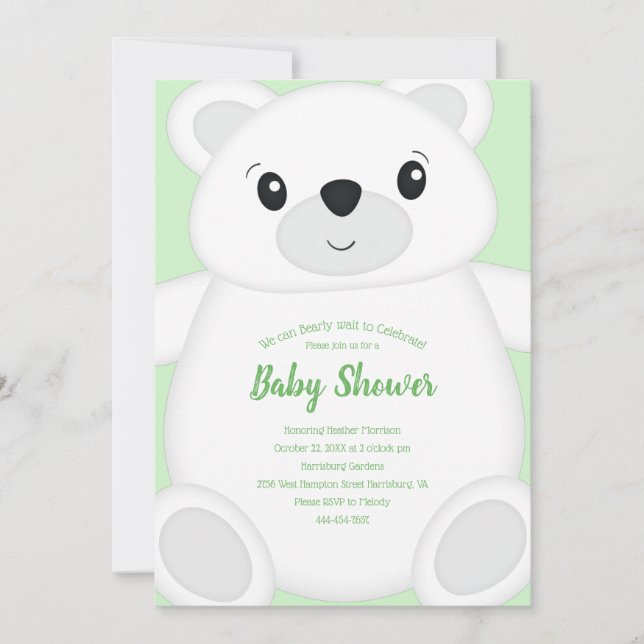 Invitación Baby Shower de oso polar verde (Anverso)