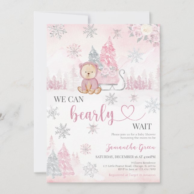 Invitación Baby Shower de oso rosa (Anverso)