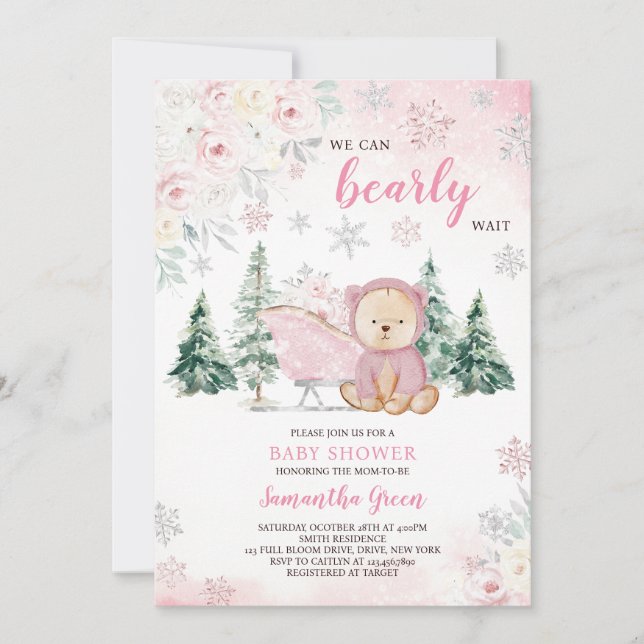 Invitación Baby Shower de oso rosa (Anverso)
