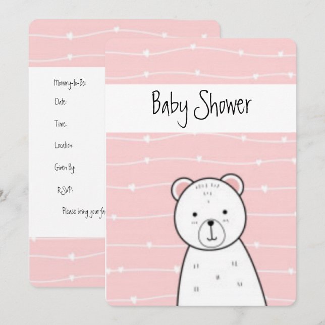 Invitación Baby Shower de oso rosa pequeño (Anverso / Reverso)