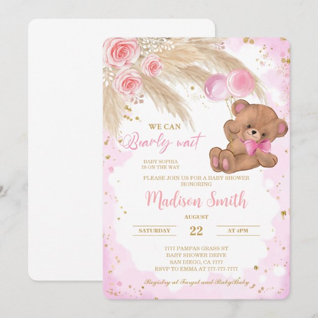 Invitación Baby Shower de Oso Rosa Teddy (Anverso / Reverso)