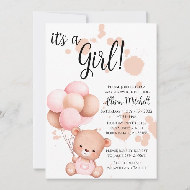 Invitación Baby Shower de oso rosa y blanco (Anverso)