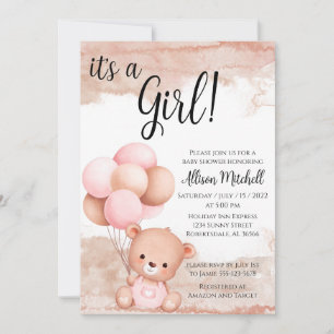 Invitación Baby Shower de oso rosa y blanco