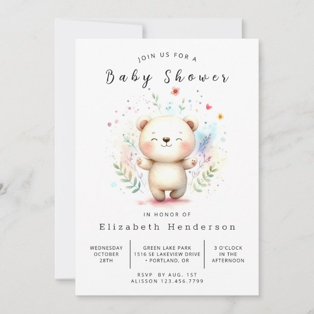 Invitación Baby Shower de oso simple editable (Anverso)