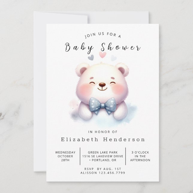Invitación Baby Shower de oso simple encantado (Anverso)