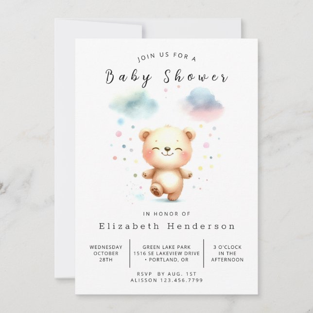 Invitación Baby Shower de oso simple impreso (Anverso)