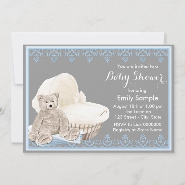 Invitación Baby Shower de Oso Teddy Gris y Azul (Anverso)