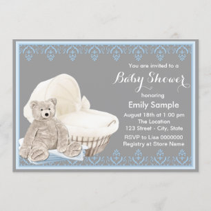 Invitación Baby Shower de Oso Teddy Gris y Azul