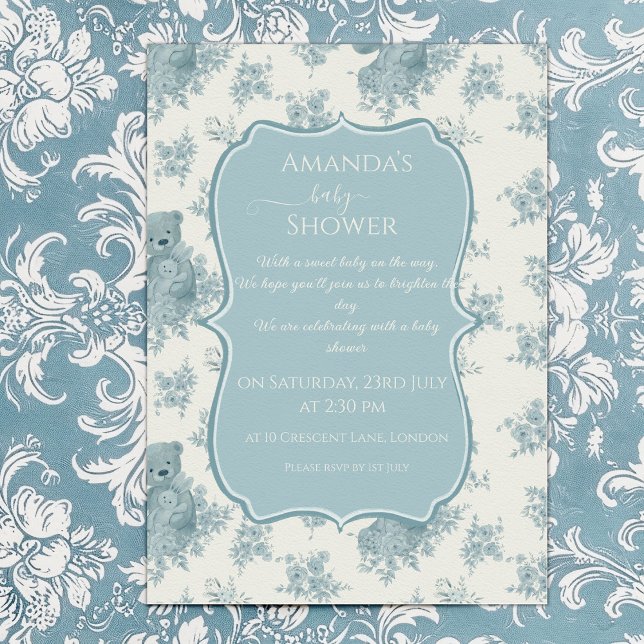 Invitación Baby Shower de oso toile y conejito francés (Subido por el creador)
