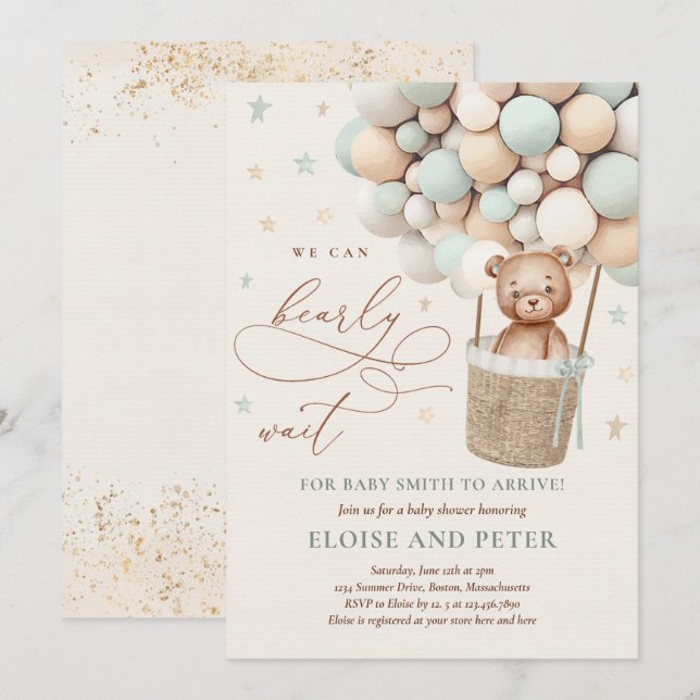 Invitación Baby Shower de Oso Verde Sage Bear Bear (Anverso / Reverso)