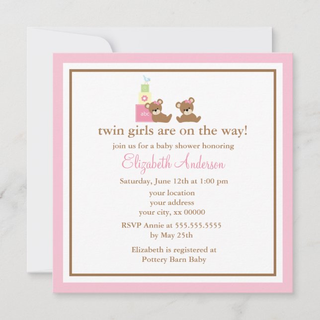 Invitación Baby Shower de osos rosas gemelos (Anverso)