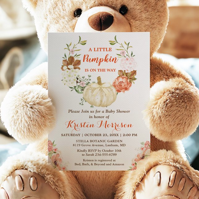 Invitación Baby Shower de otoño floral de calabaza Purpurinas (Subido por el creador)