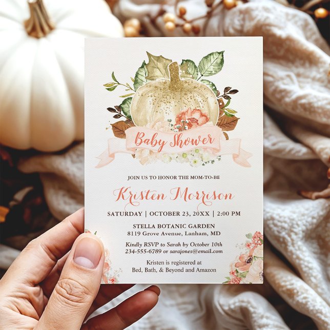 Invitación Baby Shower de otoño floral de calabaza Purpurinas (Subido por el creador)