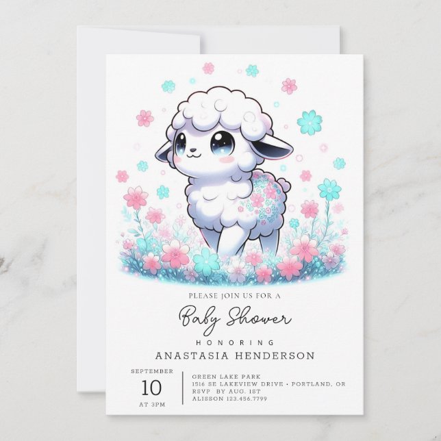 Invitación Baby Shower de ovejas encantadas (Anverso)