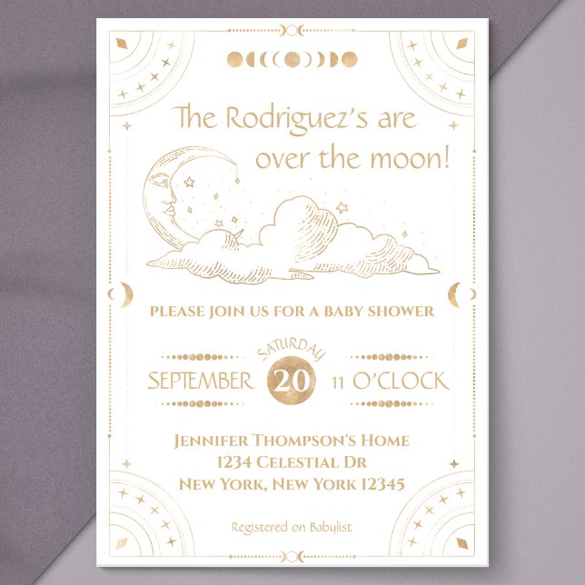 Invitación Baby Shower de "Over the Moon" (Sobre la Luna) Cel ("over the moon" gold baby shower celestial theme zodiac moon and stars twinkle twinkle little star)
