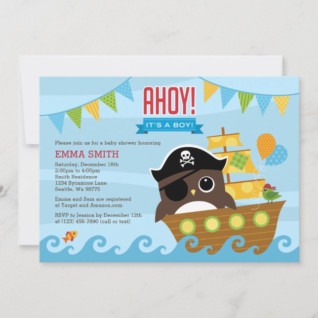 Invitación Baby Shower de Owl and Pirate Ship Boy (Anverso)