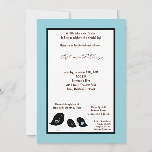 Invitación Baby Shower de pájaro azul claro 5x7 (Anverso)