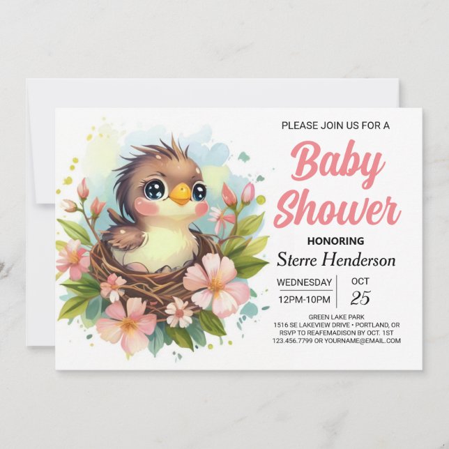 Invitación Baby Shower de pájaro elegante de nido lindo (Anverso)