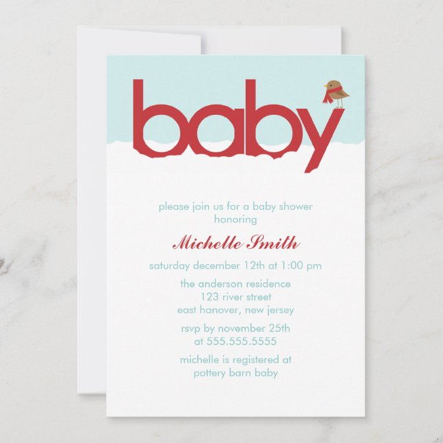 Invitación Baby Shower de pájaro invernal (Anverso)