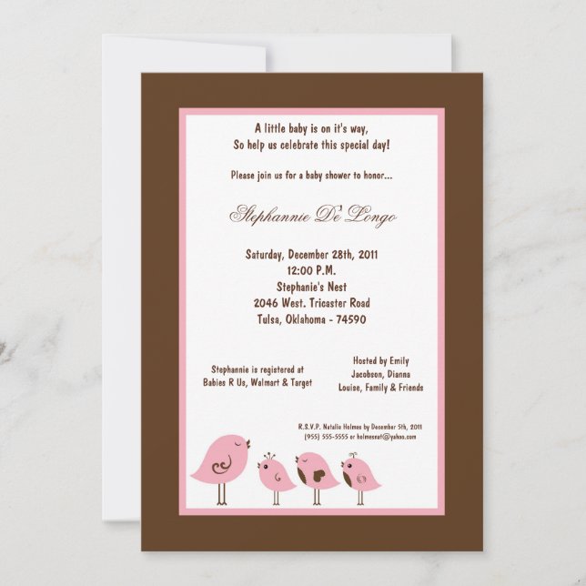 Invitación Baby Shower de pájaro marrón 5 x 7 (Anverso)