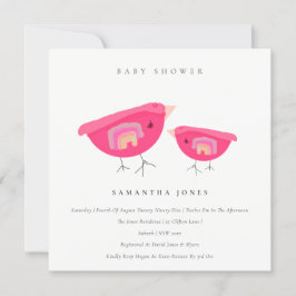 Invitación Baby Shower de pájaros rosados con arco iris de ma