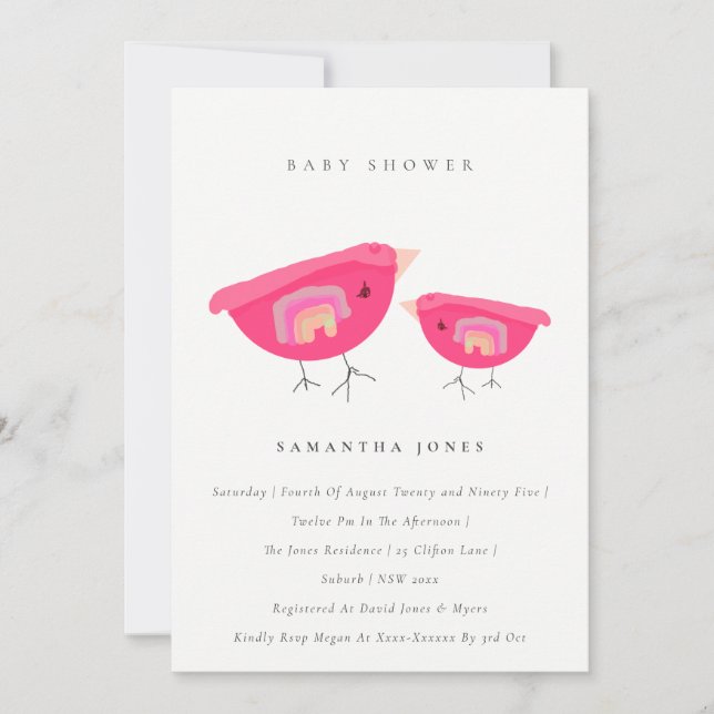 Invitación Baby Shower de pájaros rosados con arco iris de ma (Anverso)
