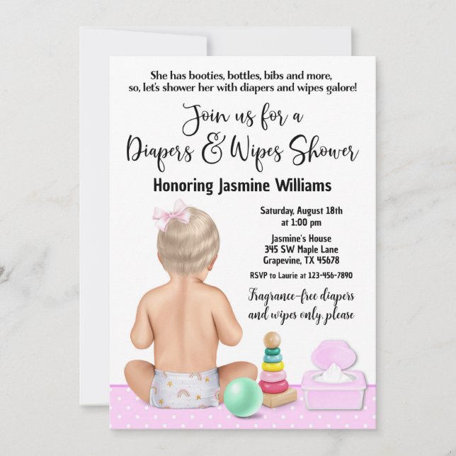 Invitación Baby Shower de pañales y cordones (Anverso)